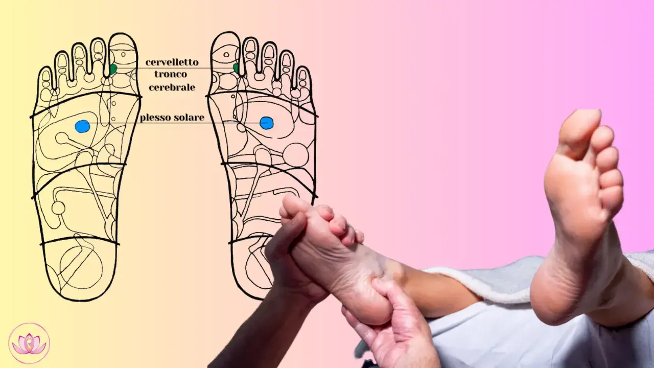 Diagramma per corso riflessologia plantare: piedi con punti riflessi e massaggio in corso.