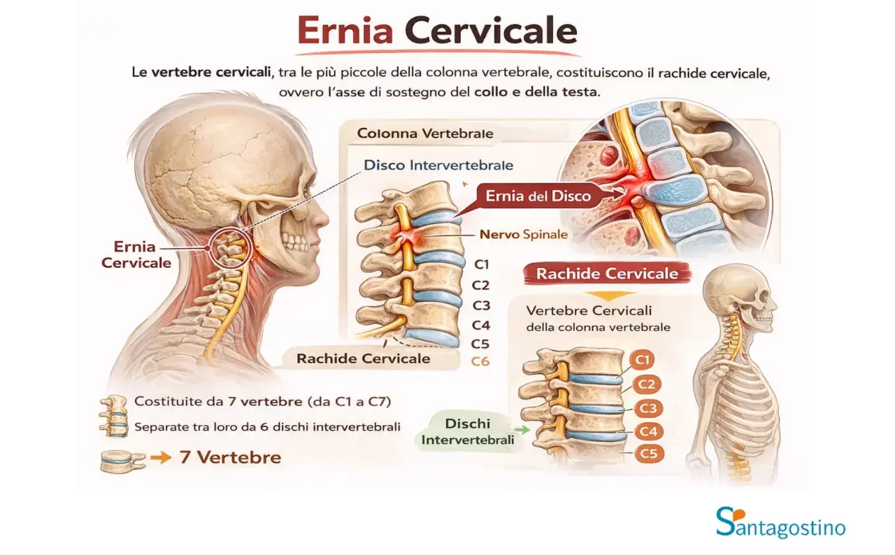 Illustrazione anatomica dell'ernia cervicale. Un massaggio cervicale mirato può alleviare le vertigini associate a questa condizione.
