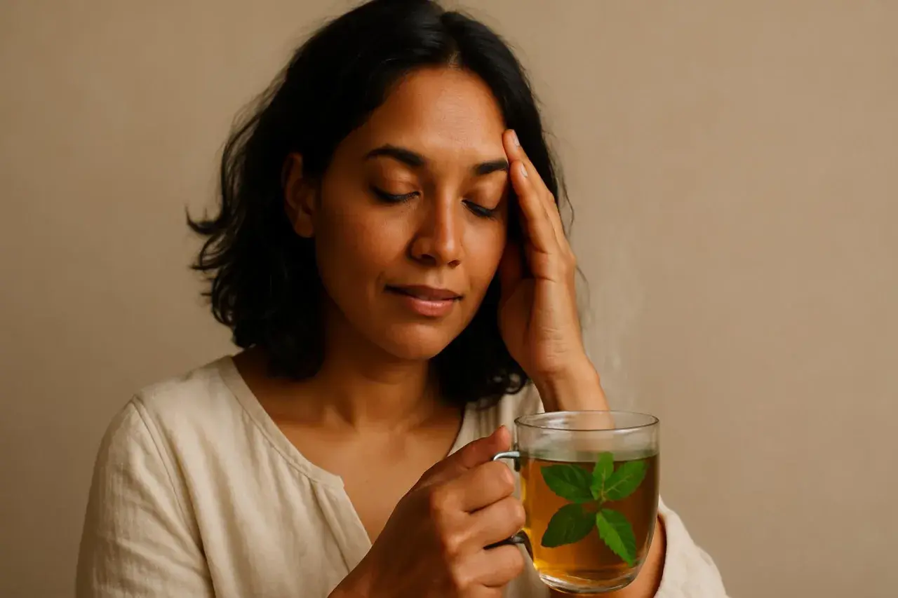 Donna con mal di testa che beve una tisana alla menta, uno dei rimedi naturali per il mal di testa.