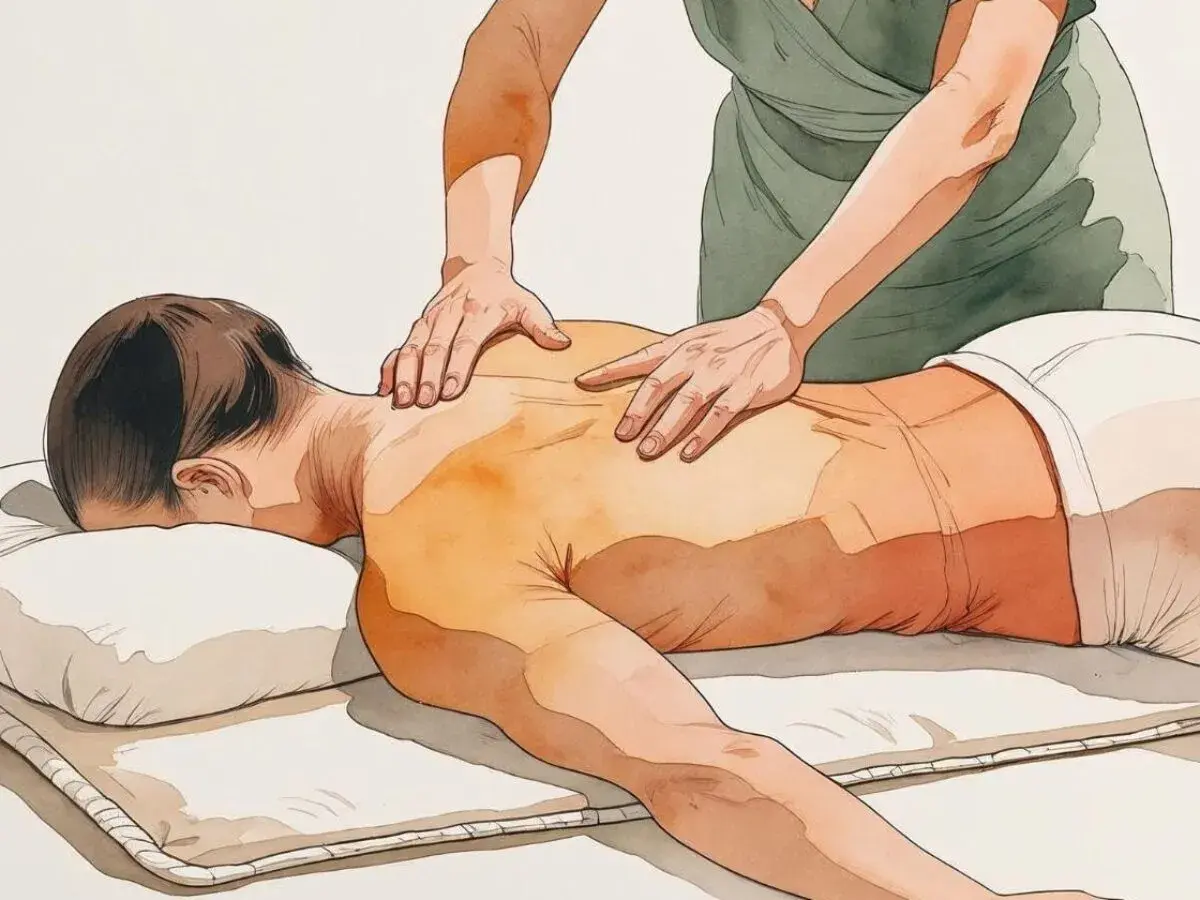 Mani esperte praticano lo shiatsu su una schiena, un tocco che rigenera e fa sentire che lo shiatsu guarisce.