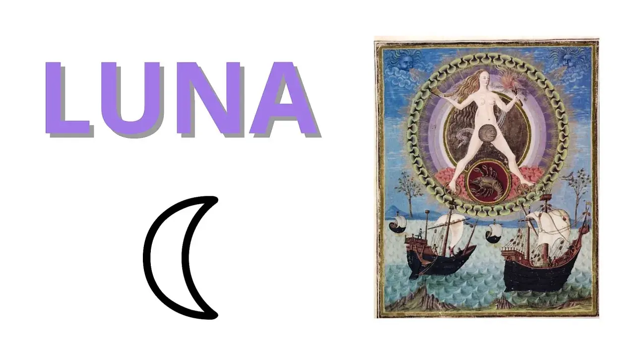 La parola "LUNA" e un simbolo di luna crescente. A destra, un'illustrazione medievale con una figura femminile al centro, circondata da simboli astrologici e navi in mare. Il **luna crescente significato** è legato alla crescita e all'inizio.