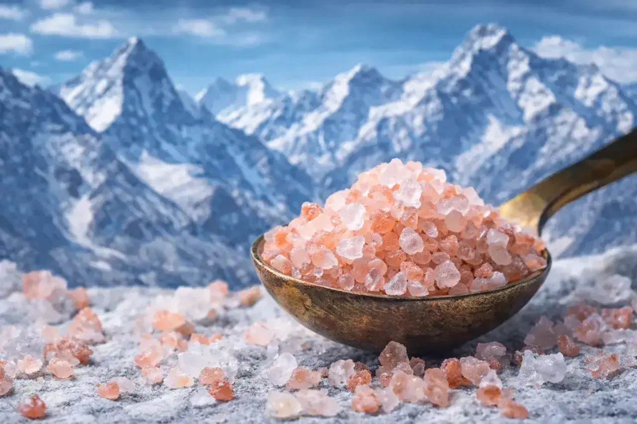 Cristalli di sale rosa su un cucchiaio, con montagne innevate sullo sfondo. Questi cristalli di sale a cosa servono? Per insaporire i cibi e per il benessere.