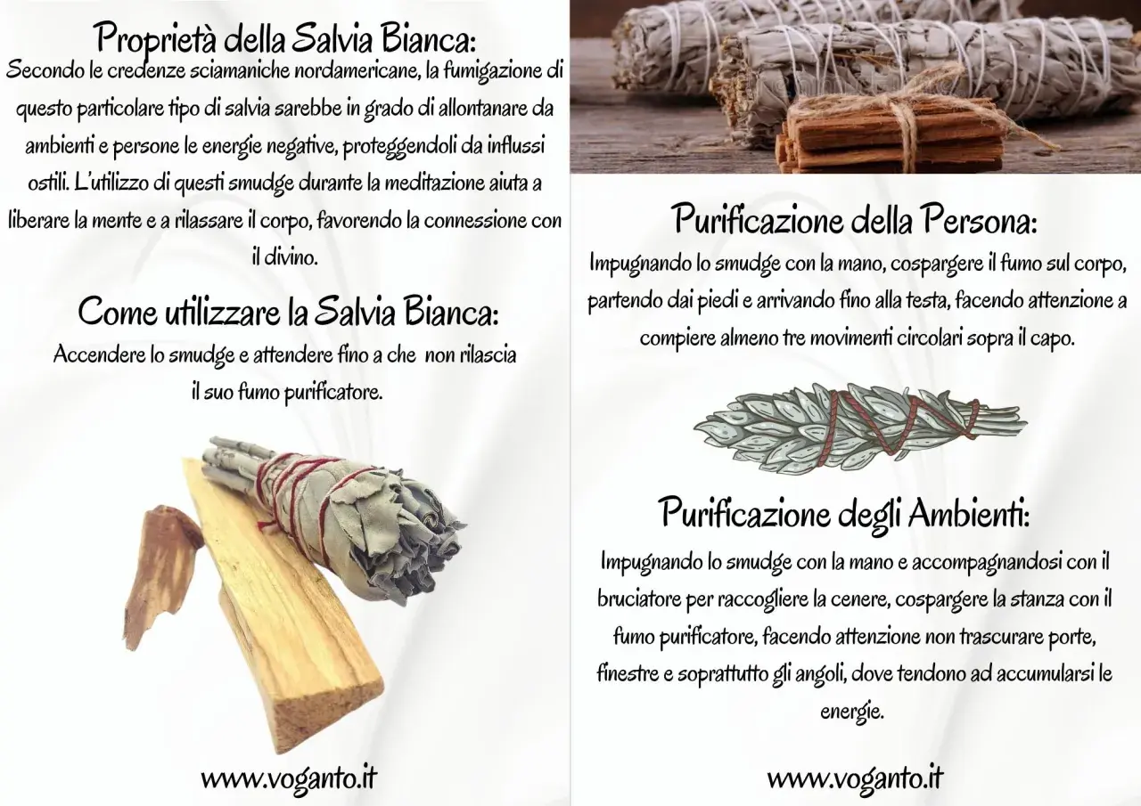 Salvia bianca e palo santo: come si usa per purificare persona e ambienti. Accendere lo smudge e diffondere il fumo per allontanare energie negative.