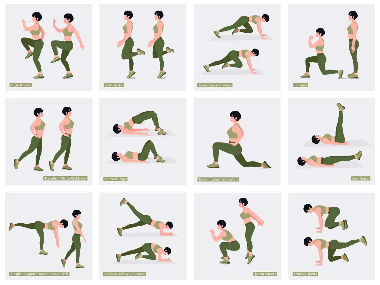 Esercizi glutei corpo libero: High Knees, Butt Kicks, Mountain Climbers, Lunges, Glute Bridge, Donkey Kicks e altri per un allenamento completo.