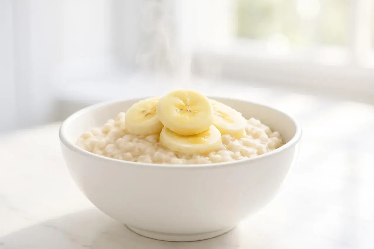 Una ciotola di porridge caldo con fette di banana. Attenzione: il porridge senza cottura fa male.