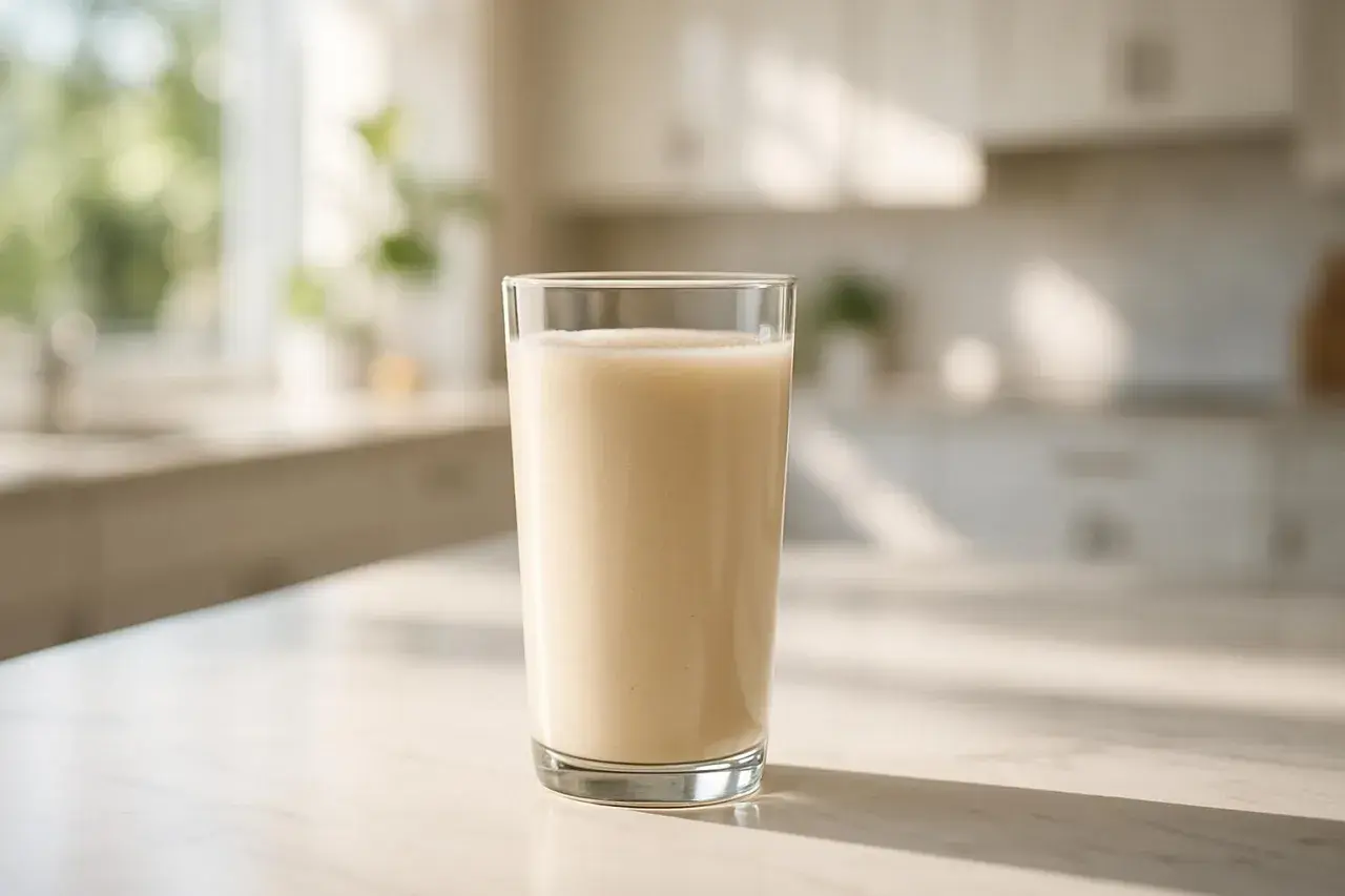 Un bicchiere di bevanda cremosa, forse uno shake proteico, sul bancone della cucina. Il siero di latte contiene lattosio, un ingrediente comune.