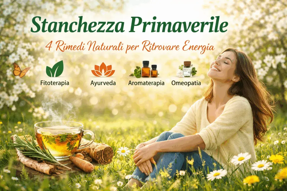 Donna sorridente in un prato fiorito, con una tazza di tè fumante e simboli di rimedi naturali. Ritrova l'energia con i rimedi della nonna contro la stanchezza primaverile.