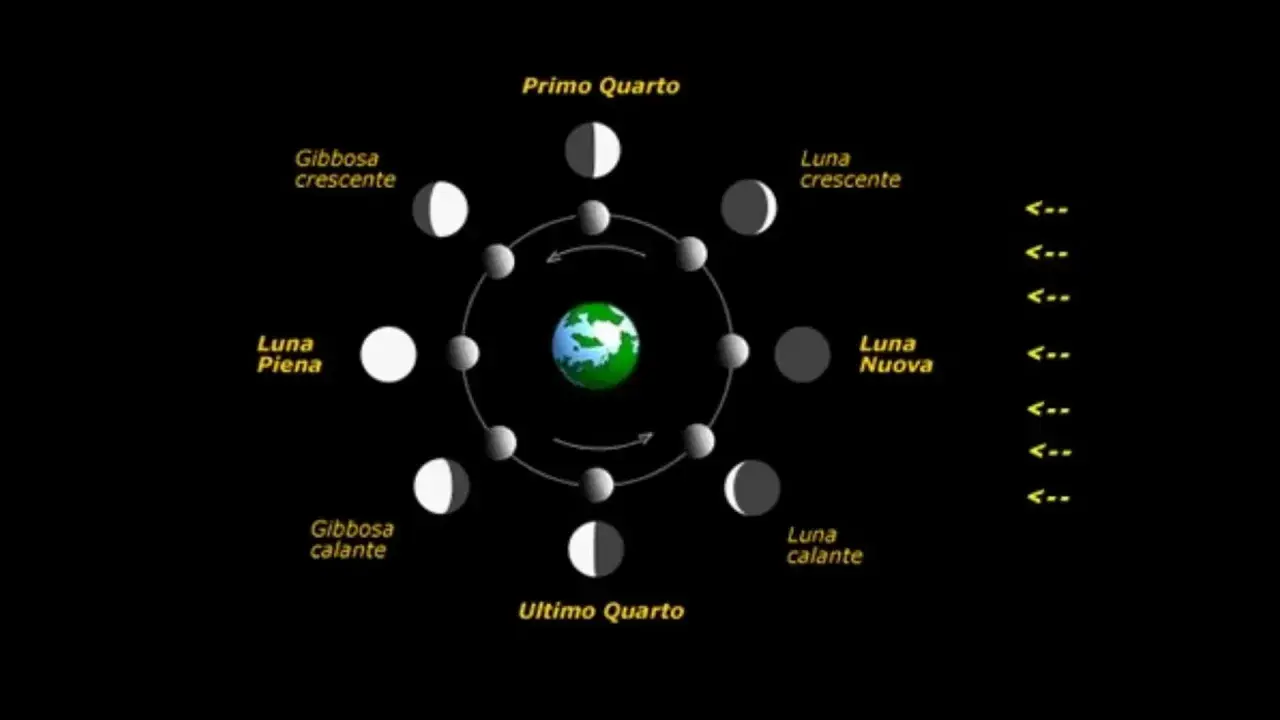 Le fasi lunari, dalla Luna Nuova alla Luna Piena, illustrano il ciclo e il suo significato simbolico.