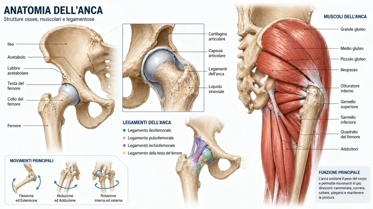 Anatomia dell'anca: ossa, muscoli e legamenti che definiscono la linea mediana del corpo, permettendo movimenti essenziali.