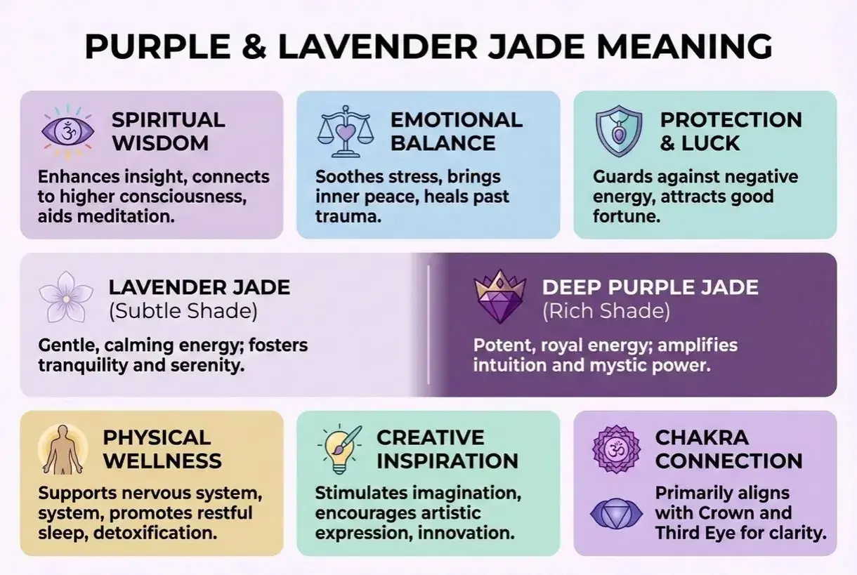 Il colore lilla significato: giada viola e lavanda per saggezza spirituale, equilibrio emotivo, protezione, benessere fisico, creatività e connessione chakra.