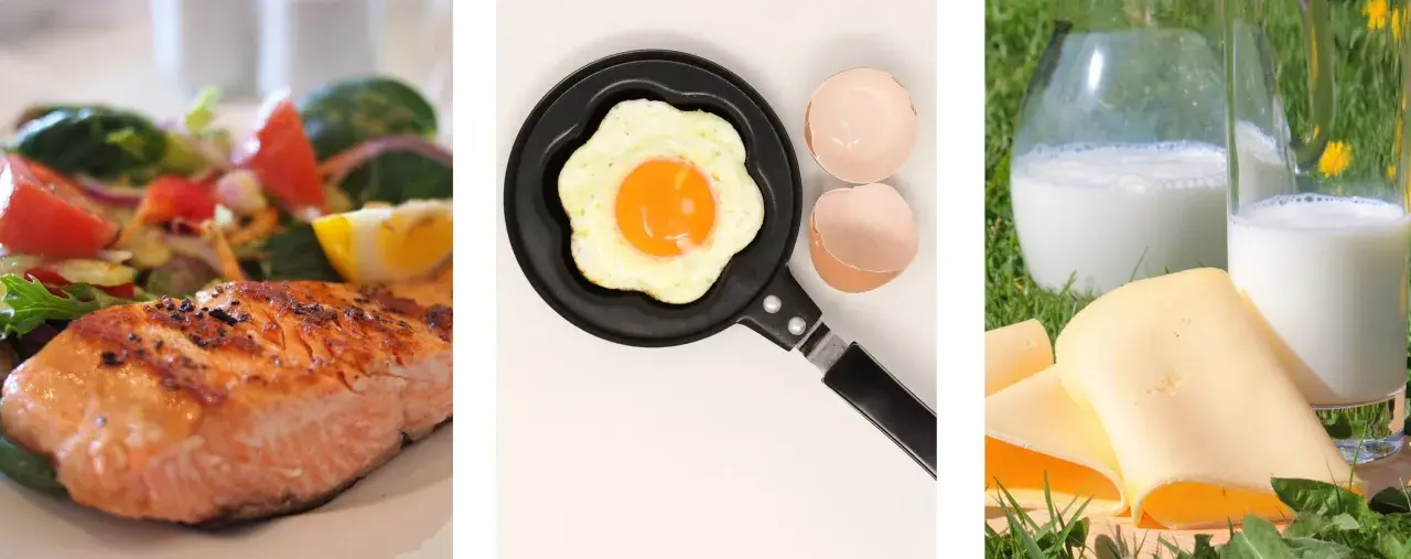 Salmone con insalata, uovo fritto e formaggio con latte: un pasto ideale per mangiare dopo allenamento e recuperare le energie.
