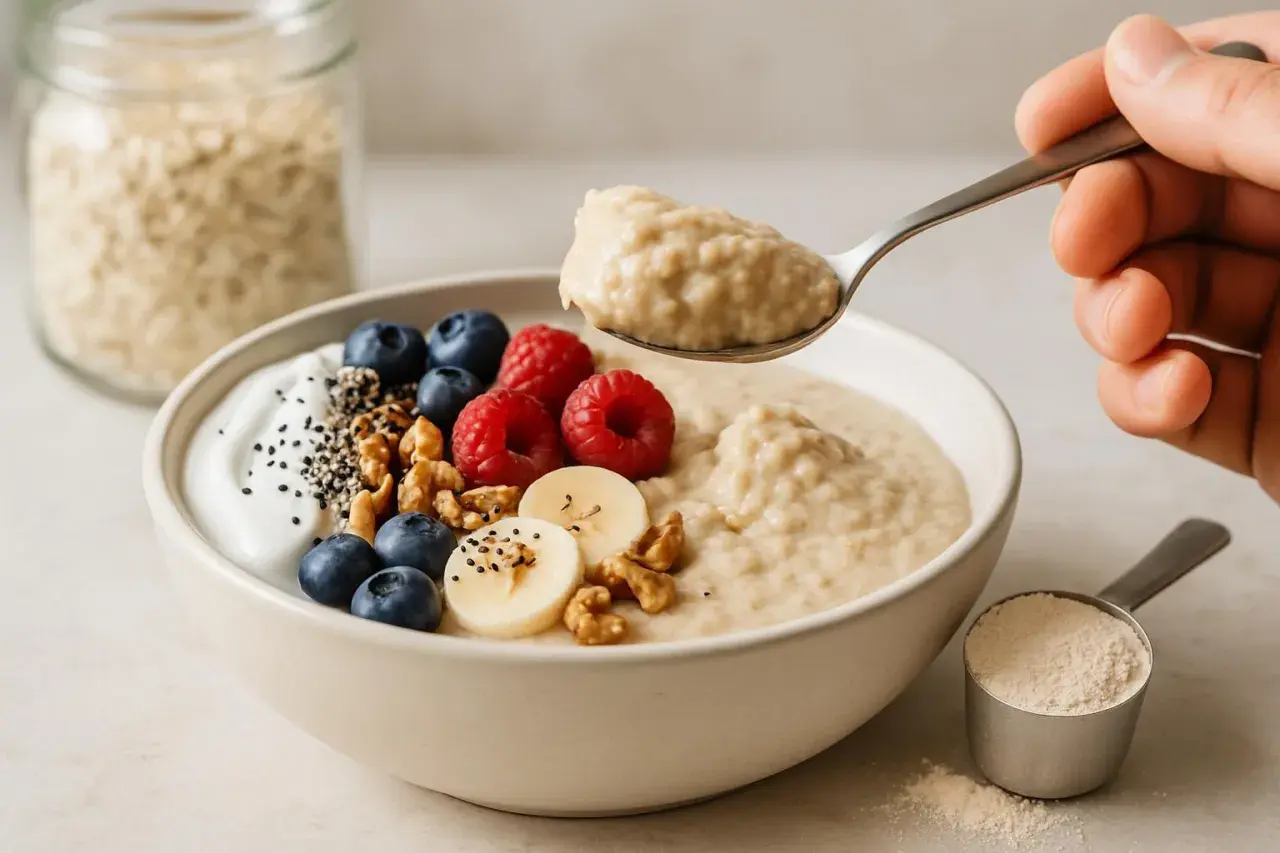 Porridge proteico ricetta: una ciotola di avena con yogurt, frutti di bosco, banana e noci. Un cucchiaio solleva una porzione cremosa.