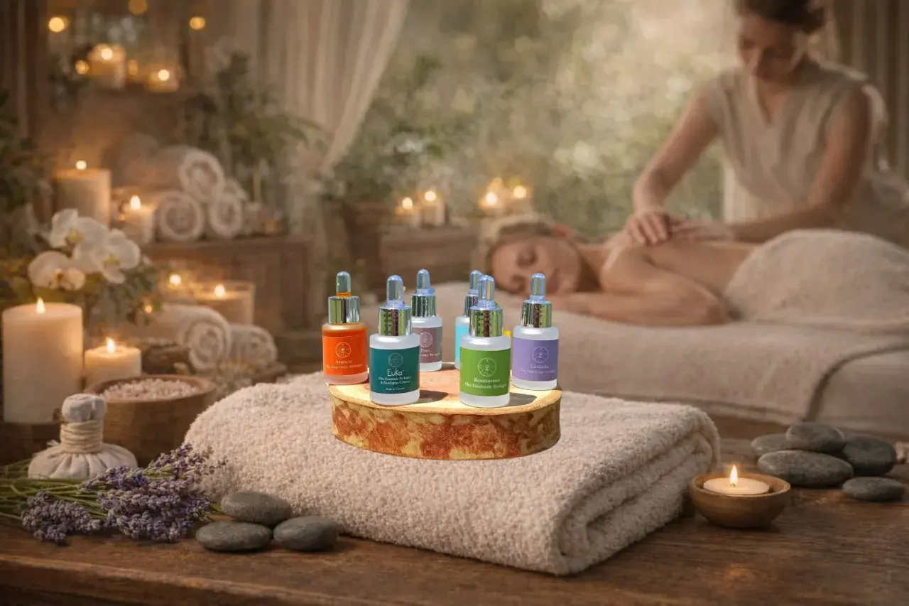 Flaconi di oli essenziali antinfiammatori e antidolorifici in un'atmosfera rilassante da spa, con massaggio sullo sfondo.