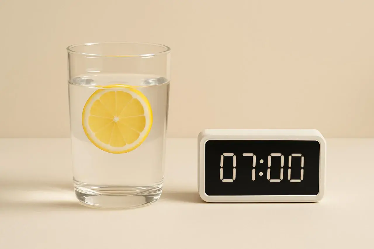 Un bicchiere di acqua e limone, pronto per le 7:00. Un rituale mattutino per iniziare la giornata con energia.