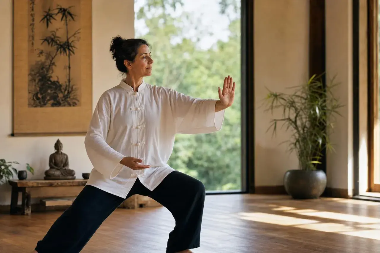 Donna pratica qi gong, un'antica arte cinese per il benessere. La sua postura fluida e il respiro calmo mostrano cos'è qi gong: armonia tra corpo e mente.