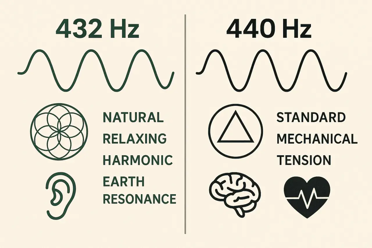 Confronto tra onde sonore: 432 Hz (naturale, rilassante, armonica, risonanza terrestre) e 440 Hz (tensione meccanica standard). Scopri i benefici della musica 432 Hz.
