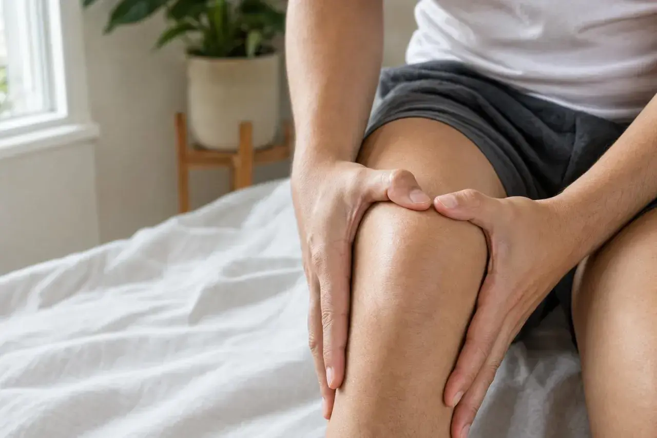 Mani che stringono un ginocchio, forse per dolori o articolazioni che scricchiolano nei giovani.