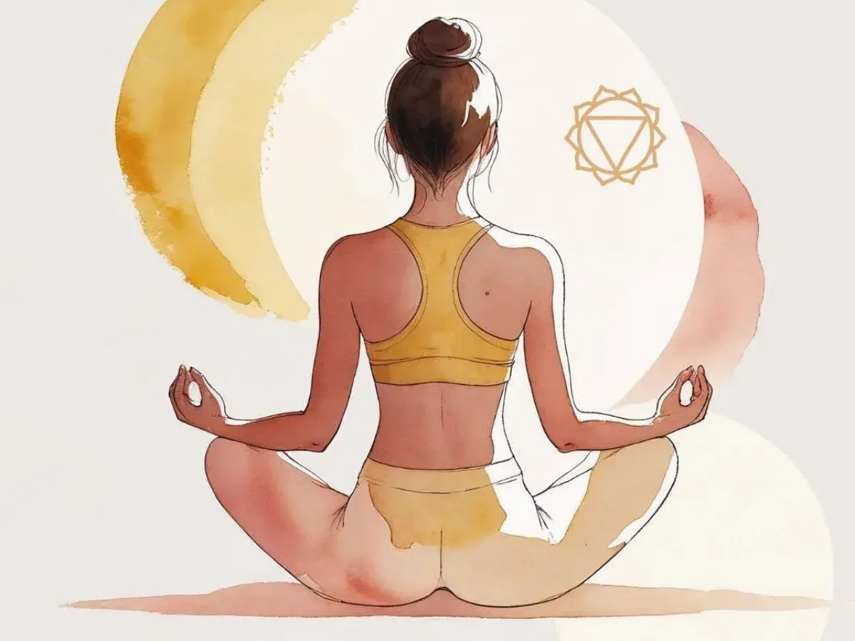 Donna in meditazione, con il simbolo del terzo chakra. Potrebbe indicare i **terzo chakra bloccato sintomi** come mancanza di autostima.
