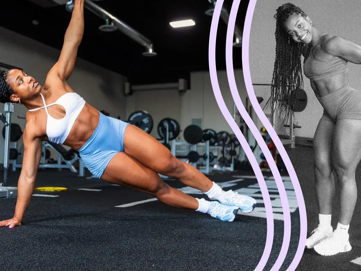 Donna in palestra esegue esercizi gambe, concentrandosi su un plank laterale. Allenamento per un corpo forte.