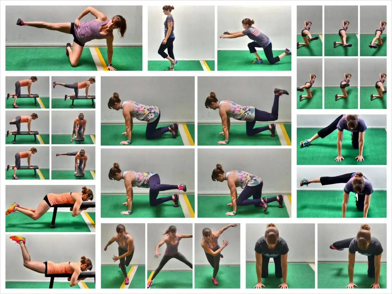 Serie di esercizi glutei corpo libero: affondi, slanci e ponti per gambe toniche.
