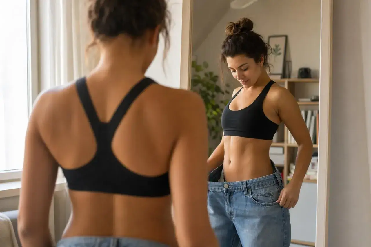 Donna in top sportivo e jeans larghi si guarda allo specchio, felice di vedersi pi&ugrave; magra nonostante il peso.