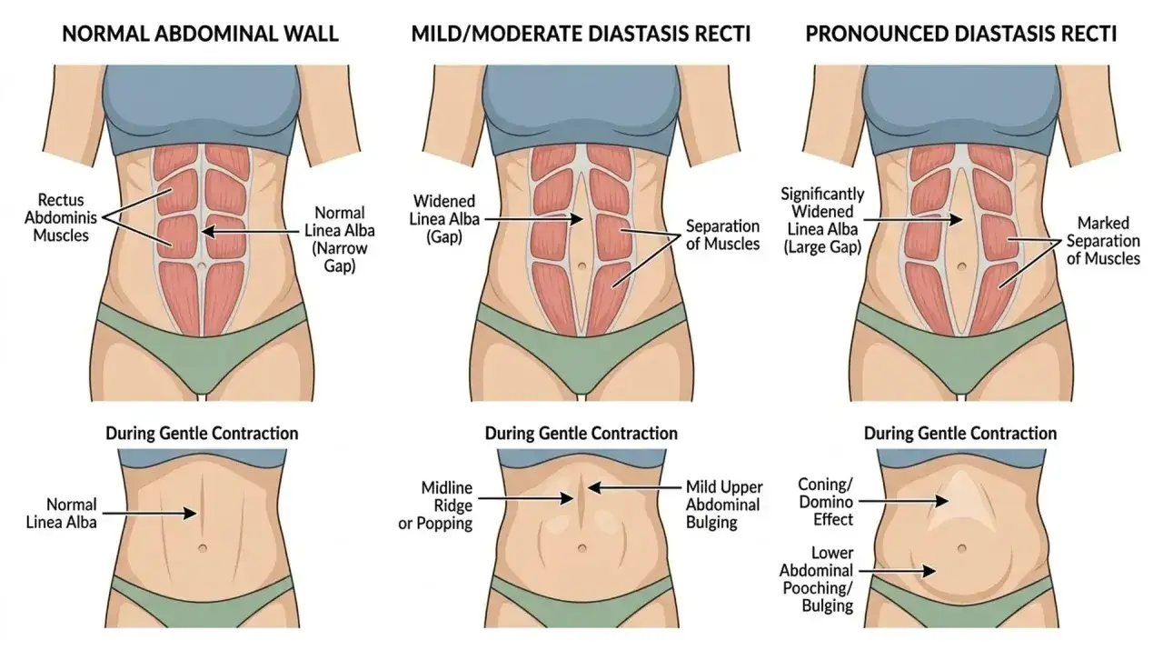 Illustrazione che mostra la diastasi addominale: addome normale, lieve/moderata e pronunciata, con dettagli sui muscoli retti e la linea alba.
