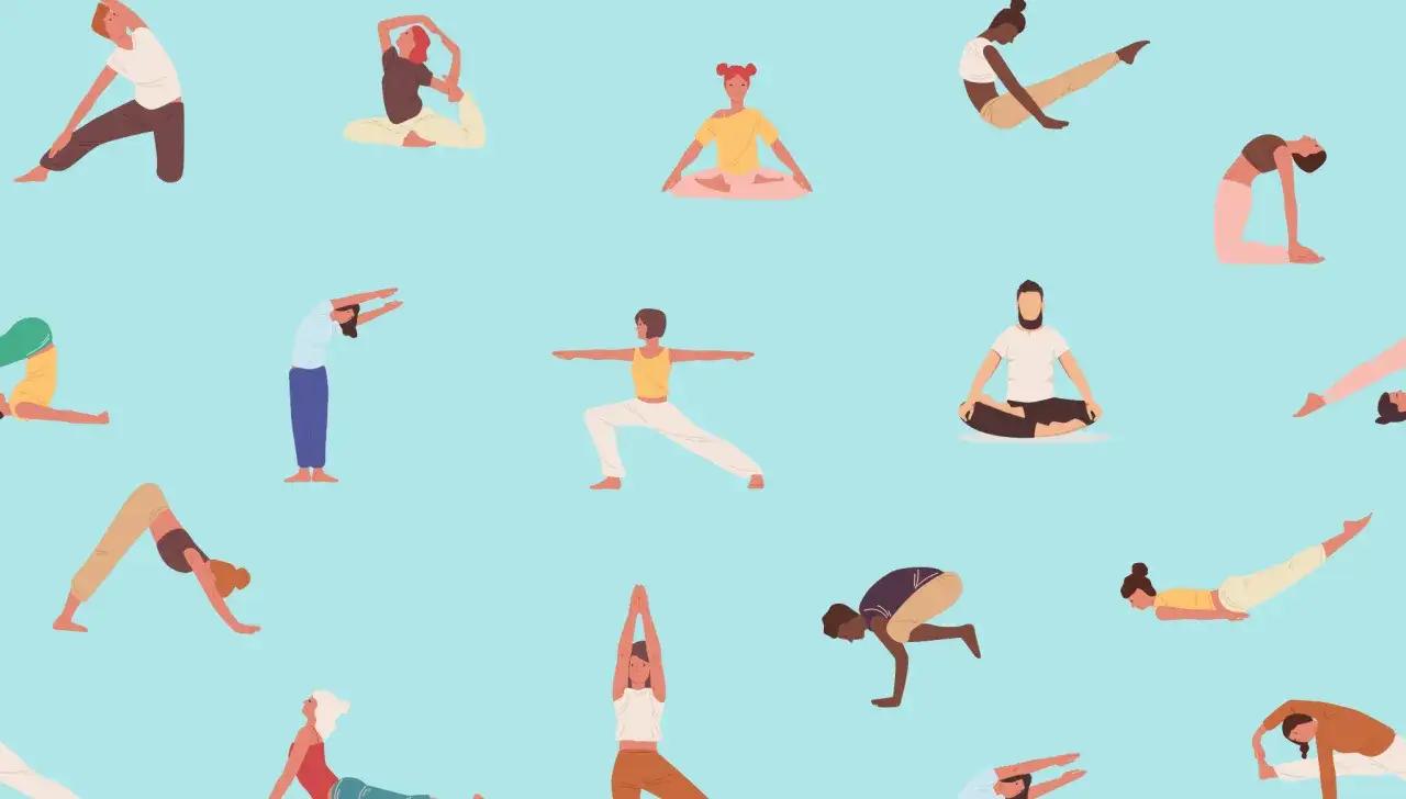 Persone in varie posizioni yoga, alcune utili per capire come fare gli addominali.