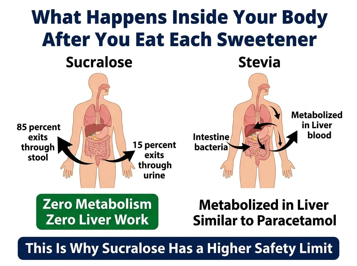 Confronto tra sucralosio e stevia: la stevia viene metabolizzata da batteri intestinali e fegato, con possibili effetti collaterali.