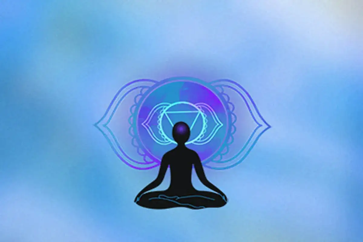 Siluetta in meditazione con simbolo del terzo occhio significato. Aura viola e blu su sfondo sfumato.