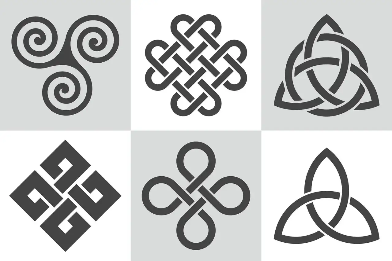 Sei simboli di nodo celtico, ognuno con un proprio significato, disposti in una griglia 2x3.