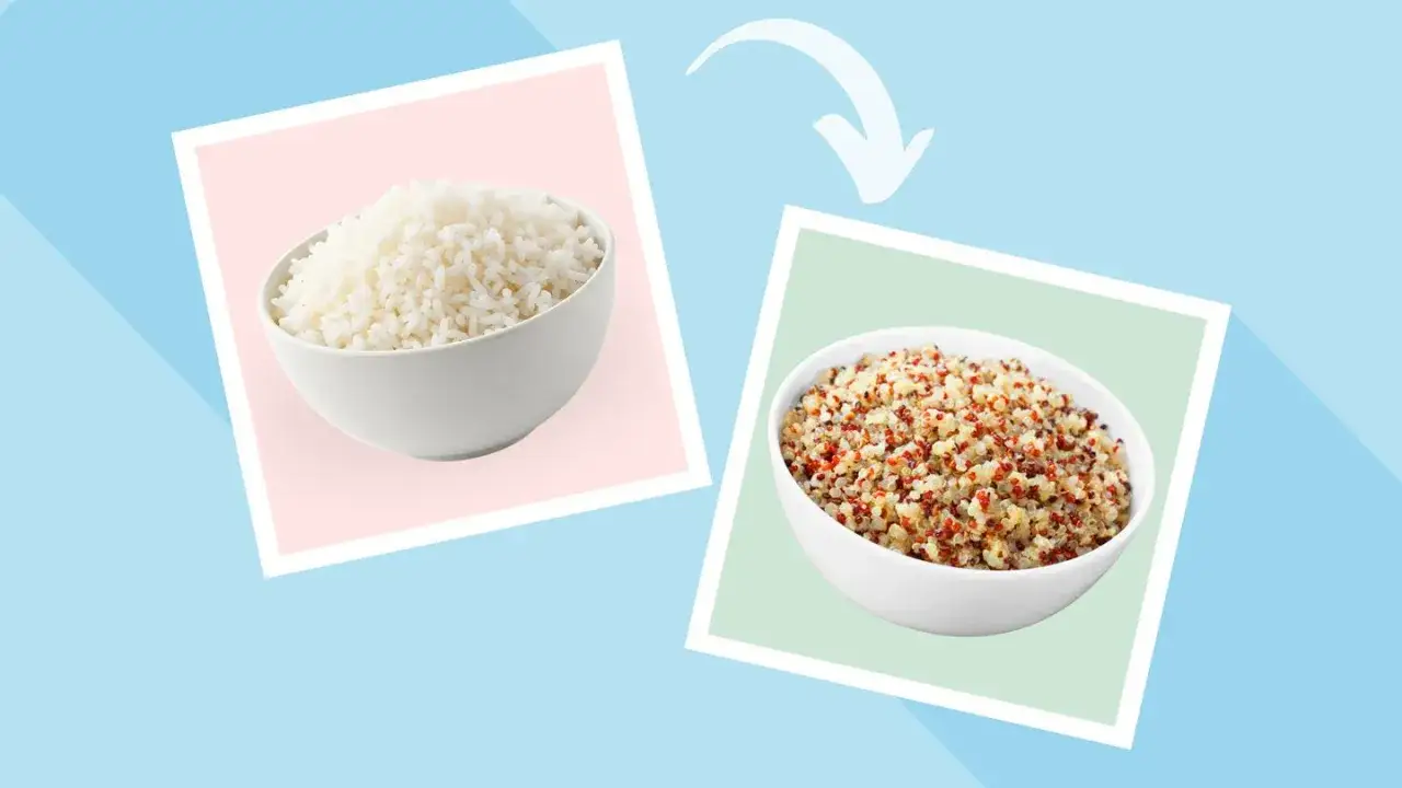 Confronto tra riso bianco (carboidrati raffinati quali sono) e quinoa, suggerendo un'alternativa pi&ugrave; nutriente.
