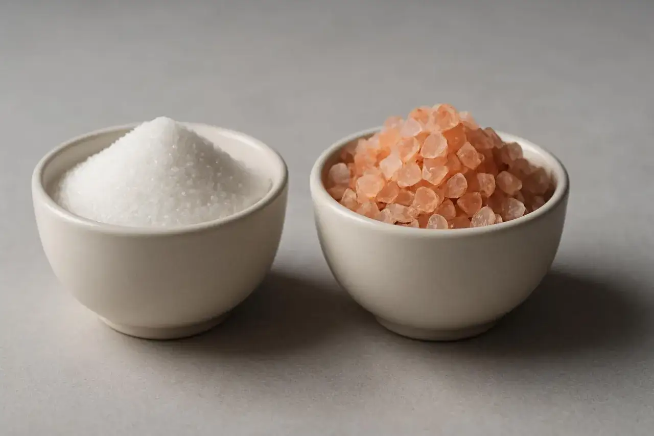 Due ciotole: una con sale bianco fino, l'altra con cristalli rosa. Attenzione al sale iodato pericoloso.