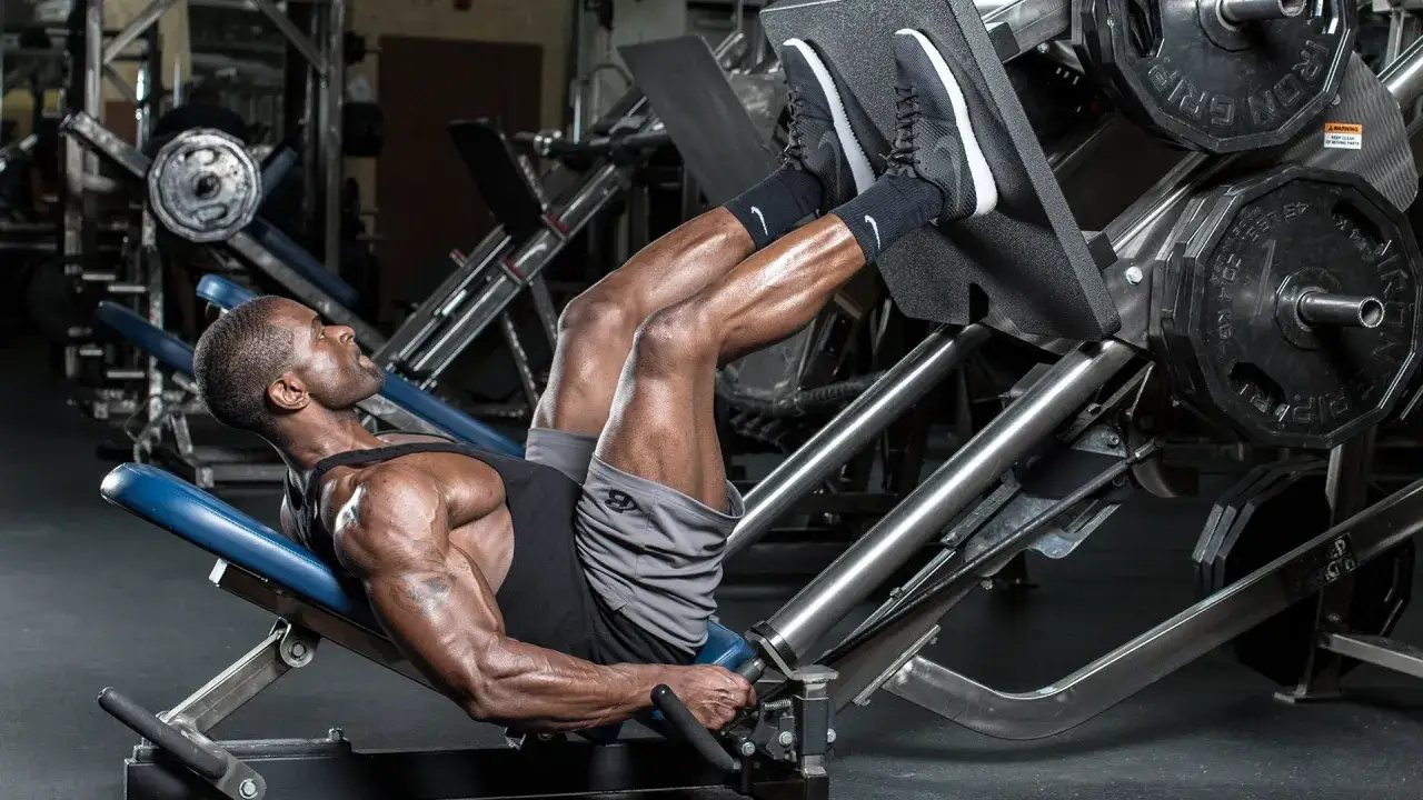 Uomo muscoloso esegue esercizi gambe alla leg press, concentrato sul movimento.