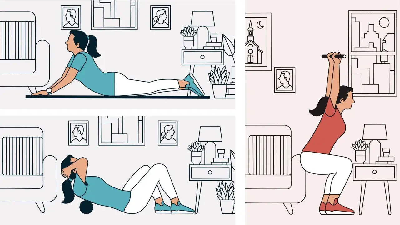 Donna esegue esercizi per la schiena a casa: cobra, crunch con foam roller e squat con bilanciere.