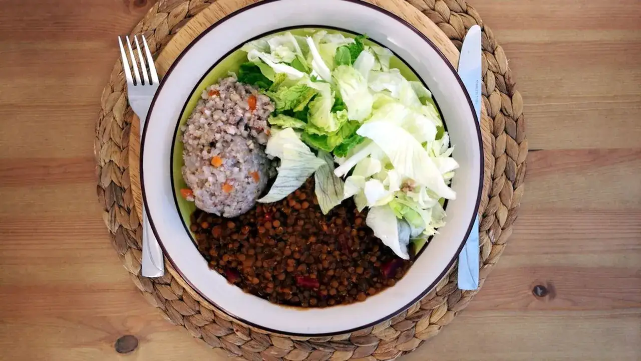 Piatto unico con riso integrale, lenticchie e insalata, un esempio di cucina macrobiotica ricette salutari e gustose.