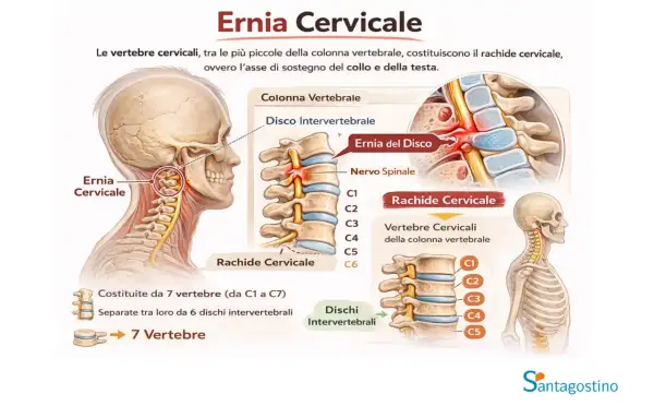 Illustrazione anatomica dell'ernia cervicale. Un massaggio cervicale mirato può alleviare le vertigini associate a questa condizione.