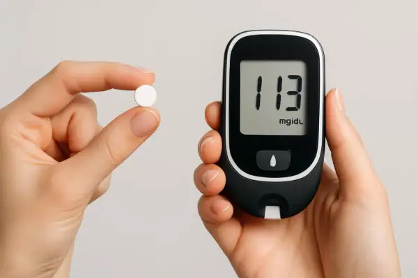 Mano tiene una compressa bianca e un glucometro che mostra 113 mg/dL. Si indaga sui possibili stevia effetti collaterali.