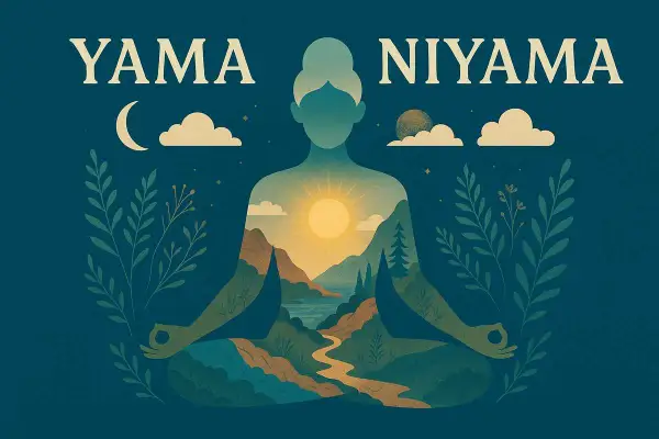 Meditazione con paesaggio interiore che rappresenta Yama e Niyama, con sole, montagne e fiume.