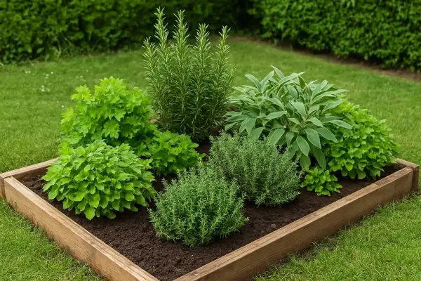 Aiuola di piante aromatiche con rosmarino, salvia e altre erbe profumate, pronta per insaporire i tuoi piatti.