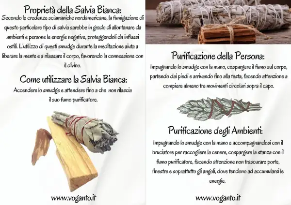 Salvia bianca e palo santo: come si usa per purificare persona e ambienti. Accendere lo smudge e diffondere il fumo per allontanare energie negative.