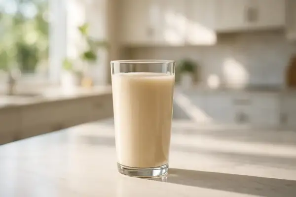 Un bicchiere di bevanda cremosa, forse uno shake proteico, sul bancone della cucina. Il siero di latte contiene lattosio, un ingrediente comune.