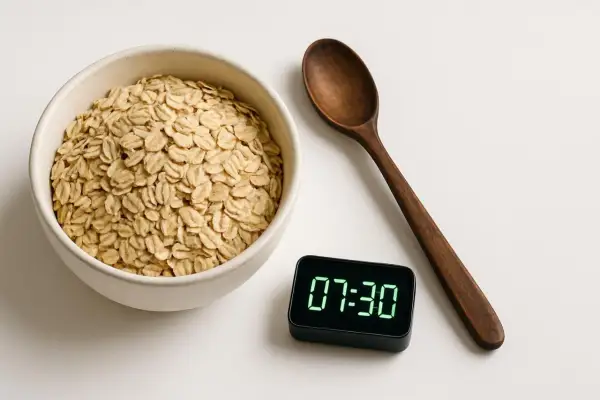 A ciotola di fiocchi d'avena, un cucchiaio di legno e un orologio digitale segnano le 7:30. Inizia la giornata con rimedi naturali per il colesterolo.