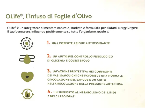 OLife, infuso di foglie d'ulivo, sfrutta le proprietà naturali per benessere: antiossidante, controllo glicemia/colesterolo, circolazione e metabolismo.