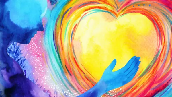 Un cuore luminoso circondato da colori vibranti, con una mano blu che lo accarezza. Simboleggia il chakra verde, il centro dell'amore e della guarigione.