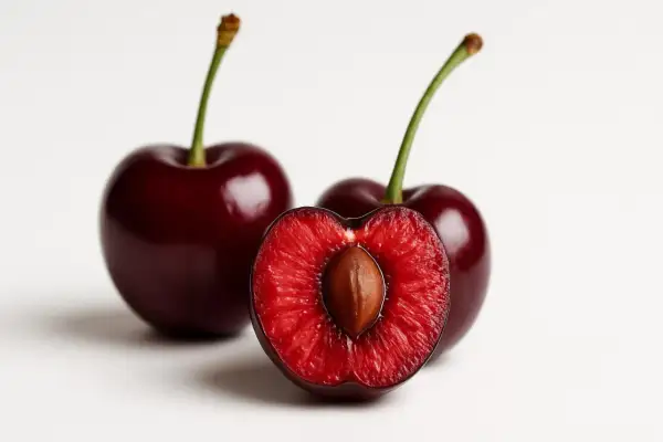 Ciliegie rosse, una tagliata a metà rivela il nocciolo. Sapevi che è qui che si trova la melatonina, aiutando il sonno?