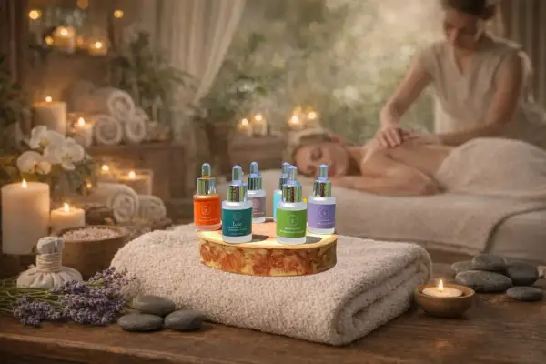 Flaconi di oli essenziali antinfiammatori e antidolorifici in un'atmosfera rilassante da spa, con massaggio sullo sfondo.
