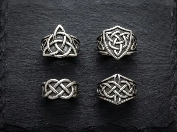 Quattro anelli d'argento con intricati disegni di nodo celtico. Ogni nodo celtico ha un significato unico, simboleggiando eternità, amore o protezione.