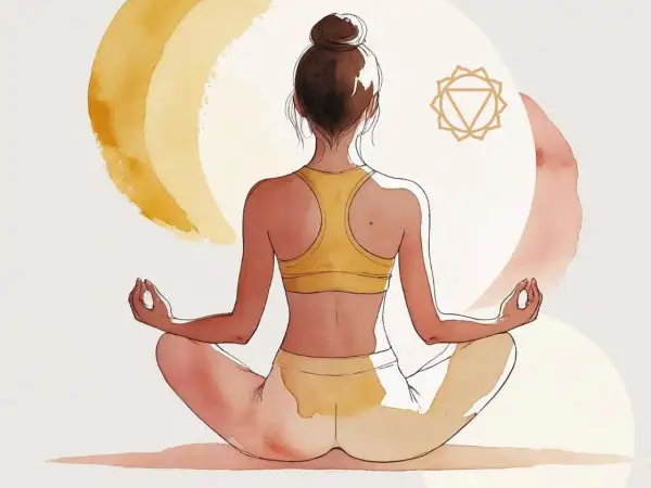Donna in meditazione, con il simbolo del terzo chakra. Potrebbe indicare i **terzo chakra bloccato sintomi** come mancanza di autostima.